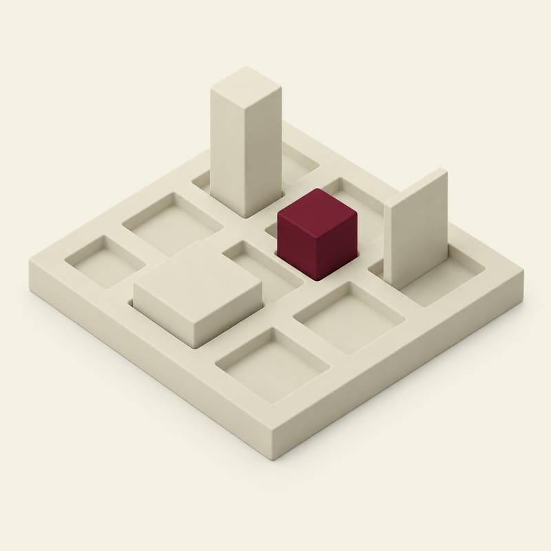Render 3D sobre fundo claro: uma placa com nichos quadrados, como uma planta vista de cima, com volumes claros e um único cubo bordô.