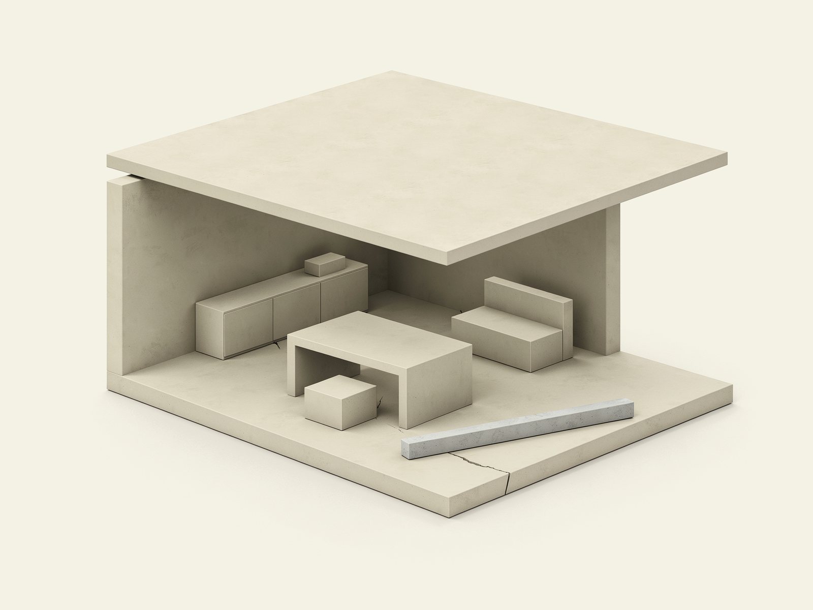 A sala sem sustentação, em 3D: a laje inclinada, uma viga caída e uma trinca na parede.